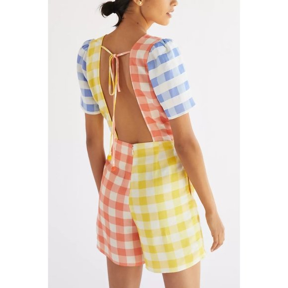 Anthropologie Farm Rio Gingham Contrast Romper red, yellow, blue, white, size M - Picture 5 of 11